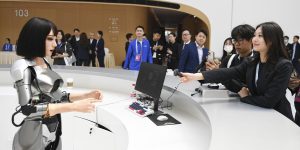 (240425) -- BEIJING, April 25, 2024 (Xinhua) -- Journalists interact with a bionic humanoid robot at the Zhongguancun International Innovation Center, new venue for Zhongguancun Forum (ZGC Forum), in Beijing, capital of China, April 24, 2024. Themed "Innovation: Building a Better World," this year's ZGC Forum is to be held at Zhongguancun International Innovation Center for the first time from April 25 to 29. (Xinhua/Chen Zhonghao)